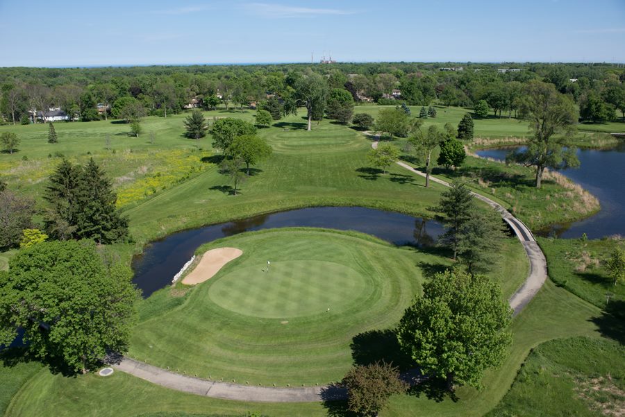 Aerial view of golf course manicured greens